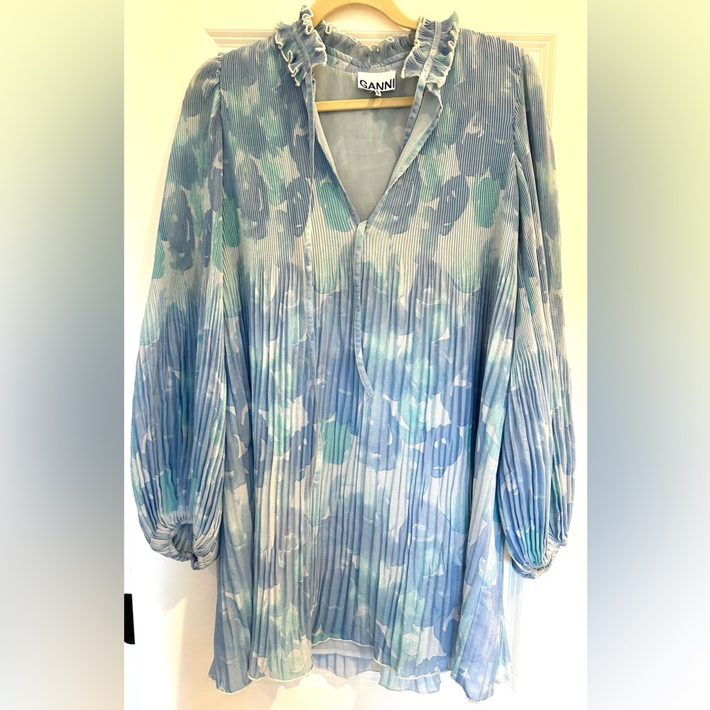 Floral Pleat Long Balloon Sleeve Minidress